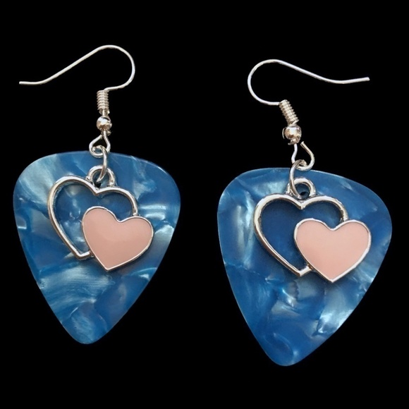 REPURPOSED Guitar Pick Earrings Hand Crafted Double Hearts Silver Tone - Picture 1 of 7